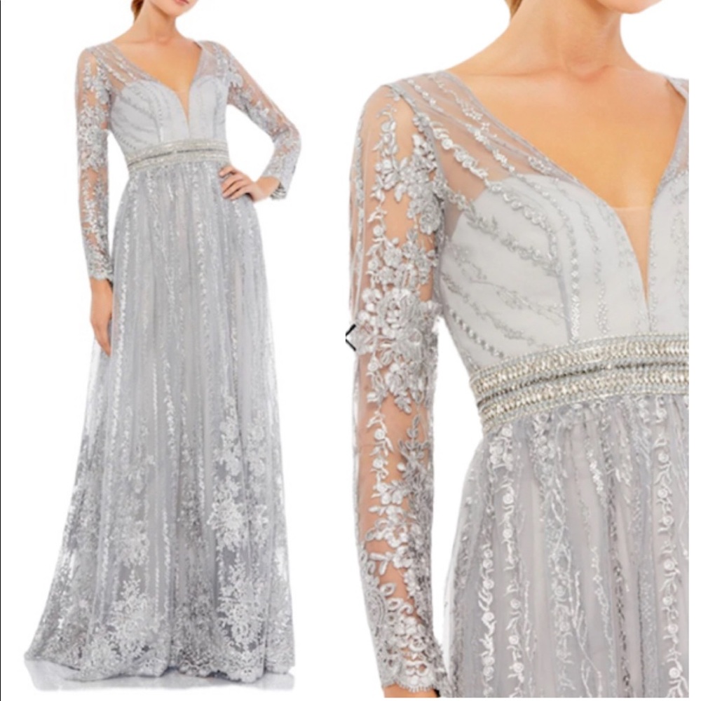 MAC DUGGAL Long Sleeve Floral Illusion Beaded Gown Platinum Size 16 Dress